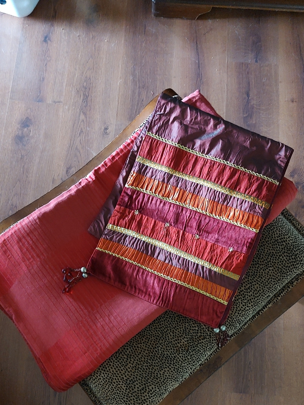Pier 1 Burgundy and Gold Table Runner And Large Tablecloth